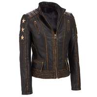Womens Vintage Cafe Racer Punk Star Motorcycle Distressed Brown Leather Jacket - Thumbnail 4