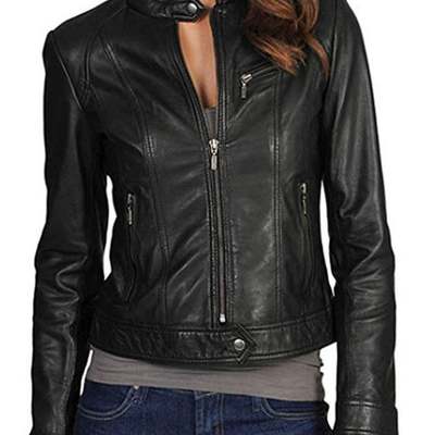 Women's bomber moto biker lambskin leather jacket zipper closure soft stylish slimfit black