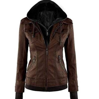 Women's brown biker motorcycle bomber sparteens slim fit removable hood lambskin leather jacket for women with 100% polyester lining
