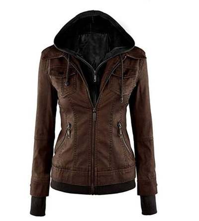 Women's Brown biker Motorcycle Bomber Sparteens slim fit Removable Hood Lambskin Leather Jacket for Women with 100% Polyester lining