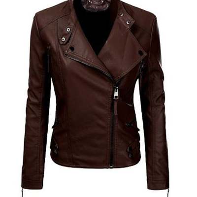 Women motorcycle moto biker brown slim fit stylish lamb leather jacket for ladies