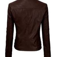 Women Motorcycle Moto Biker Brown Slim Fit stylish Lamb Leather Jacket for Ladies - Thumbnail 1