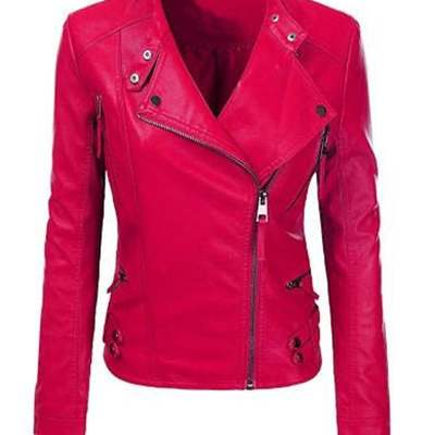 Women motorcycle moto biker pink slim fit stylish lamb leather jacket for ladies - Thumbnail 1