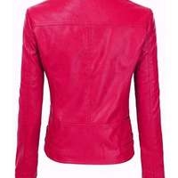 Women Motorcycle Moto Biker Pink Slim Fit stylish Lamb Leather Jacket for Ladies - Thumbnail 1
