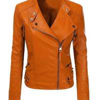 Women Motorcycle Moto Biker Tan Slim Fit stylish Lamb Leather Jacket for Ladies - Thumbnail 4