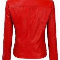Women Motorcycle Moto Biker Red Slim Fit stylish Lamb Leather Jacket for Ladies - Thumbnail 1