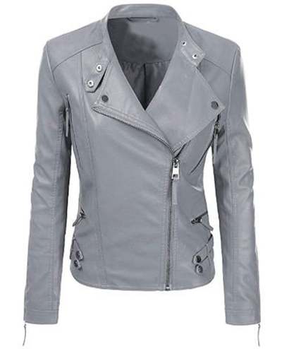 Women Motorcycle Moto Biker Gray Slim Fit stylish Lamb Leather Jacket for Ladies