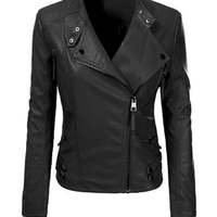Women Motorcycle Moto Biker Black Slim Fit stylish Lamb Leather Jacket for Ladies - Thumbnail 4