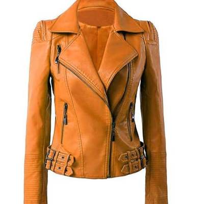 Womens motorcycle moto biker tan missy regular slim fit stylish lambskin leather jacket for ladies