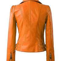Womens Motorcycle Moto Biker Tan Missy Regular Slim Fit stylish Lambskin Leather Jacket for Ladies - Thumbnail 1
