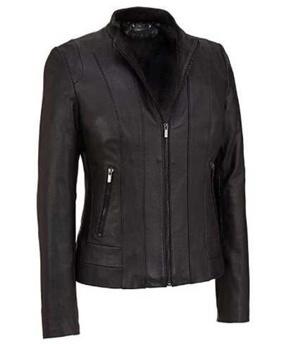 Women's Black Biker Motorcycle Missy Regular PU Faux Leather Jacket with 100% Polyester lining