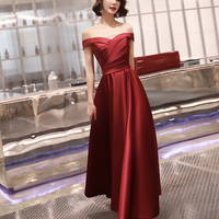 Burgundy satin A line prom dress party dress - Thumbnail 2