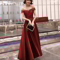 Burgundy satin A line prom dress party dress - Thumbnail 3