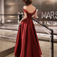 Burgundy satin A line prom dress party dress - Thumbnail 4