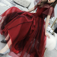 Burgundy velvet tulle prom dress burgundy evening dress - Thumbnail 1