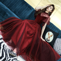 Burgundy velvet tulle prom dress burgundy evening dress - Thumbnail 3