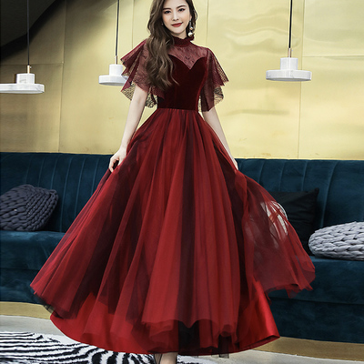 Burgundy velvet tulle prom dress burgundy evening dress - Thumbnail 4