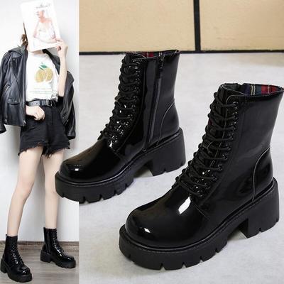 New patent leather martin boots women's thick heel platform lace-up ankle boots g9540