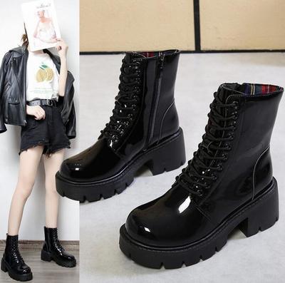 New Patent Leather Martin Boots Women's Thick Heel Platform Lace-up Ankle Boots G9540
