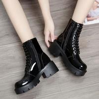 New Patent Leather Martin Boots Women's Thick Heel Platform Lace-up Ankle Boots G9540 - Thumbnail 1
