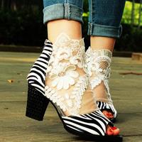 Lace Fish Mouth Shoes Are Thin Lace Sandals Hollow Sexy Thick Heel Women J3540 - Thumbnail 1