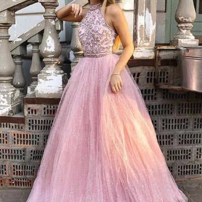 Halter shining tulle prom dresses a-line appliqued gowns - Thumbnail 4