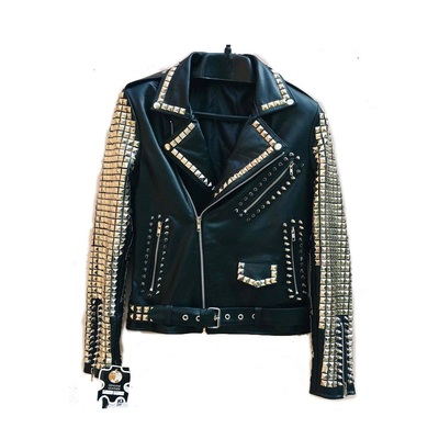 Handmade black men’s studs jacket leather retro biker jacket - Thumbnail 3