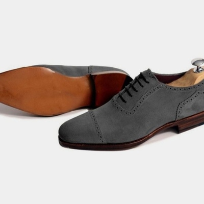 Classic handmade oxfords grey cap toe suede lace up formal men's shoes - Thumbnail 4