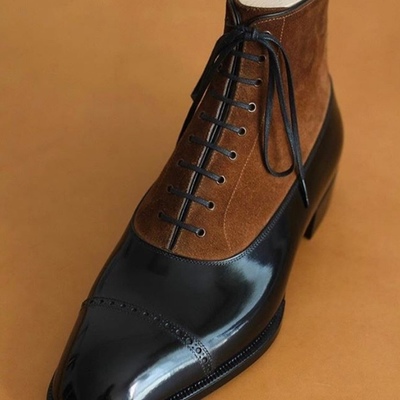 Classic handmade brown black cap toe ankle high leather suede lace up boot - Thumbnail 4