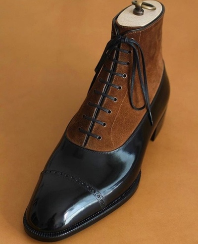 Classic Handmade Brown Black Cap toe Ankle High Leather Suede Lace Up Boot