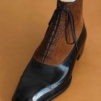 Classic Handmade Brown Black Cap toe Ankle High Leather Suede Lace Up Boot - Thumbnail 1