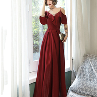 Burgundy satin prom dress simple evening dress - Thumbnail 1