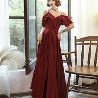 Burgundy satin prom dress simple evening dress - Thumbnail 5