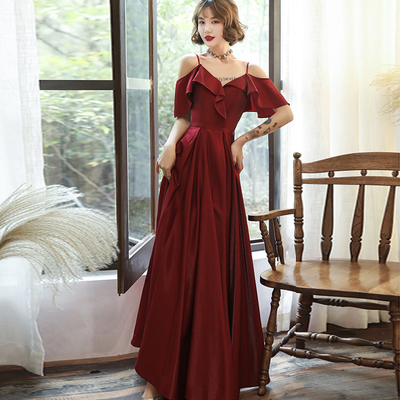 Burgundy satin prom dress simple evening dress - Thumbnail 3