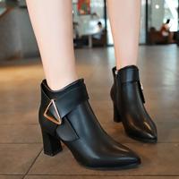 New Style Boots Korean Ladies Shoes Side Zipper Super High Heels Thick Heel Pointed Toe G8510 - Thumbnail 2