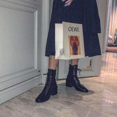 New lace-up thick heel short boots round toe high heel all-match thin martin boots h8750