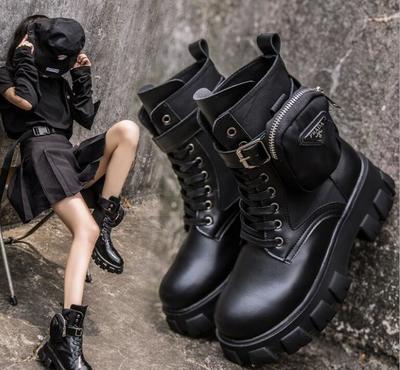 Thick-soled Martin Boots Women Leather Wallets Belt Buckle Straps Ankle Boots High Heel Stretch Women's Boots F7510