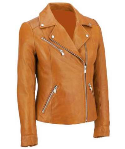 Womens Motorcycle Moto Biker Racing Slim Fit stylish Lambskin Leather Jacket for Ladies Tan