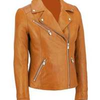 Womens Motorcycle Moto Biker Racing Slim Fit stylish Lambskin Leather Jacket for Ladies Tan - Thumbnail 4
