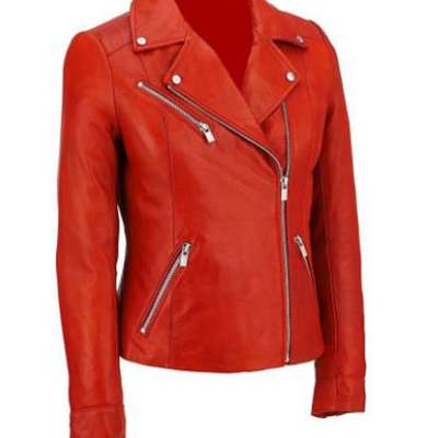 Womens motorcycle moto biker racing slim fit stylish lambskin leather jacket for ladies red