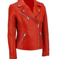 Womens Motorcycle Moto Biker Racing Slim Fit stylish Lambskin Leather Jacket for Ladies Red - Thumbnail 4