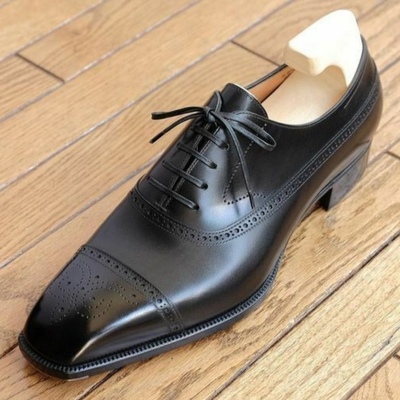 New black cap toe brogue handmade leather lace up men's shoes - Thumbnail 5