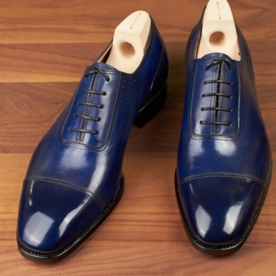Handmade men's navy cap toe lace up office leather lace up shoes - Thumbnail 5