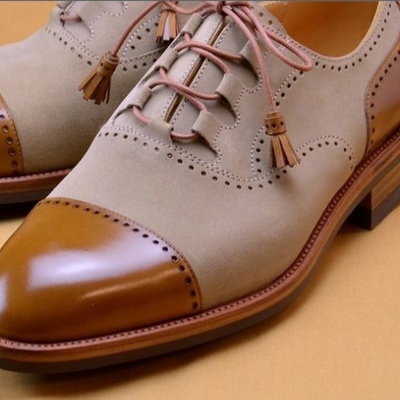 Decent best men's formal handmade cap toe beige brown wedding shoes in genuine leather - Thumbnail 5