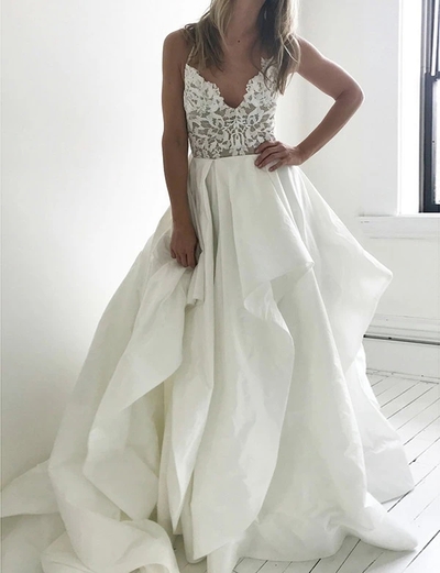 Elegant A-Line V Neck Spaghetti Straps Satin Lace Wedding Dresses
