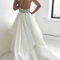 Elegant A-Line V Neck Spaghetti Straps Satin Lace Wedding Dresses - Thumbnail 1
