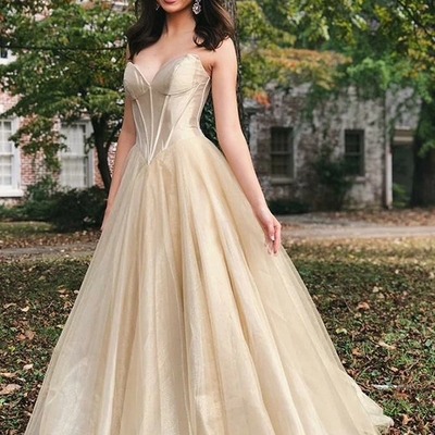 Elegant long evening gown sleeveless tulle sweetheart champagne prom dress - Thumbnail 5