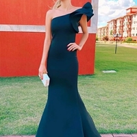 One Shoulder Blue Evening Dress Mermaid Prom Dress - Thumbnail 1