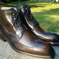 Mens New Brown Wing Tip Leather Fancy Ankle Lace Up Formal Boot - Thumbnail 1