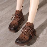 Retro Lace-up Women's Single Shoes New Style Thick-soled Wedges Ethnic Hollow Sandals G5420 - Thumbnail 1